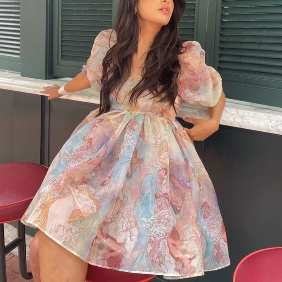 BEST Selkie The Mucha Puff Mini Dress Angel Print Party Cocktail Spring - Picture 5 of 13